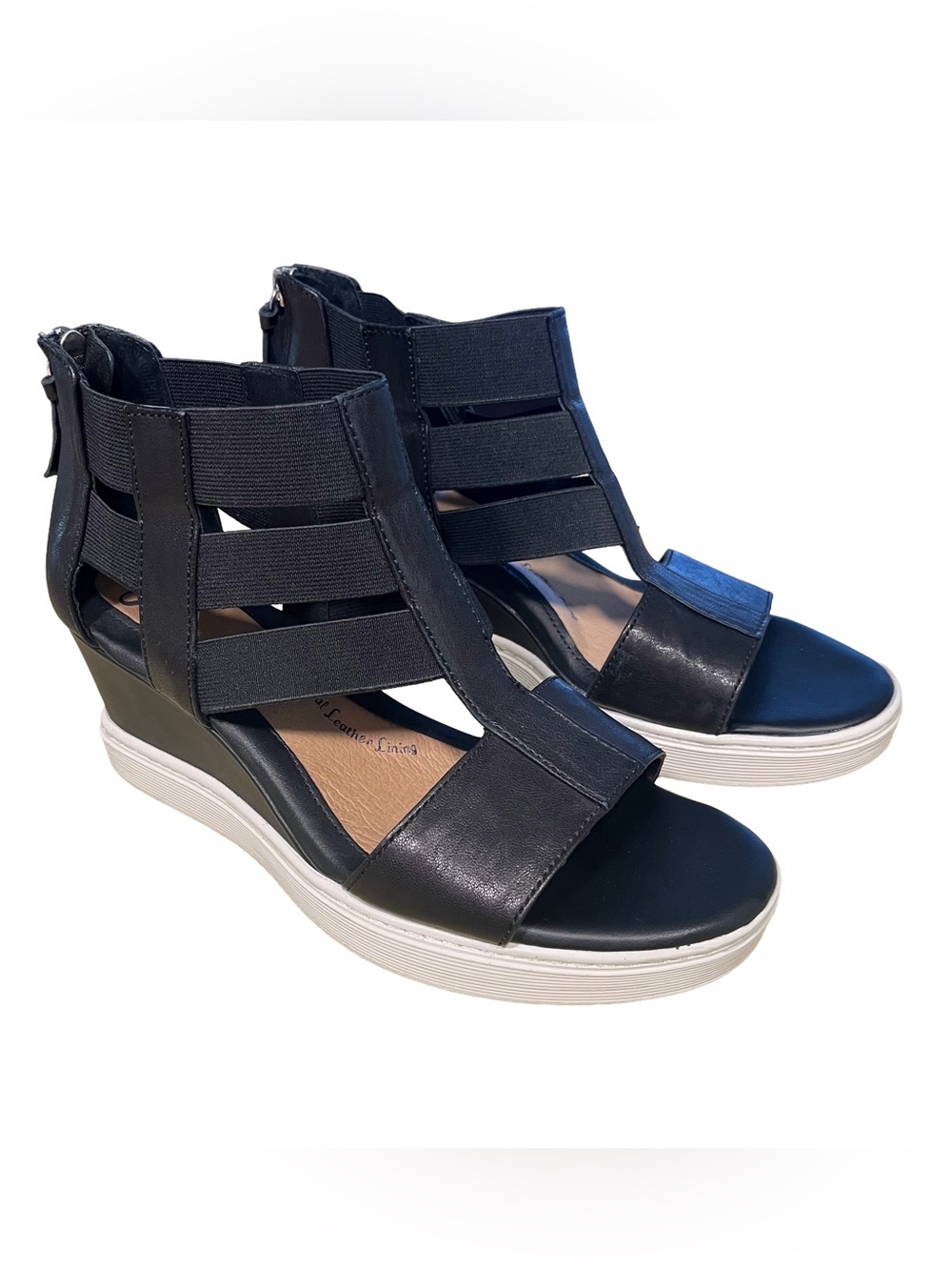 NEW Sofft Womens Sosie Sandals Black White Leather Sz 8.5 Caged Wedge Gladiator